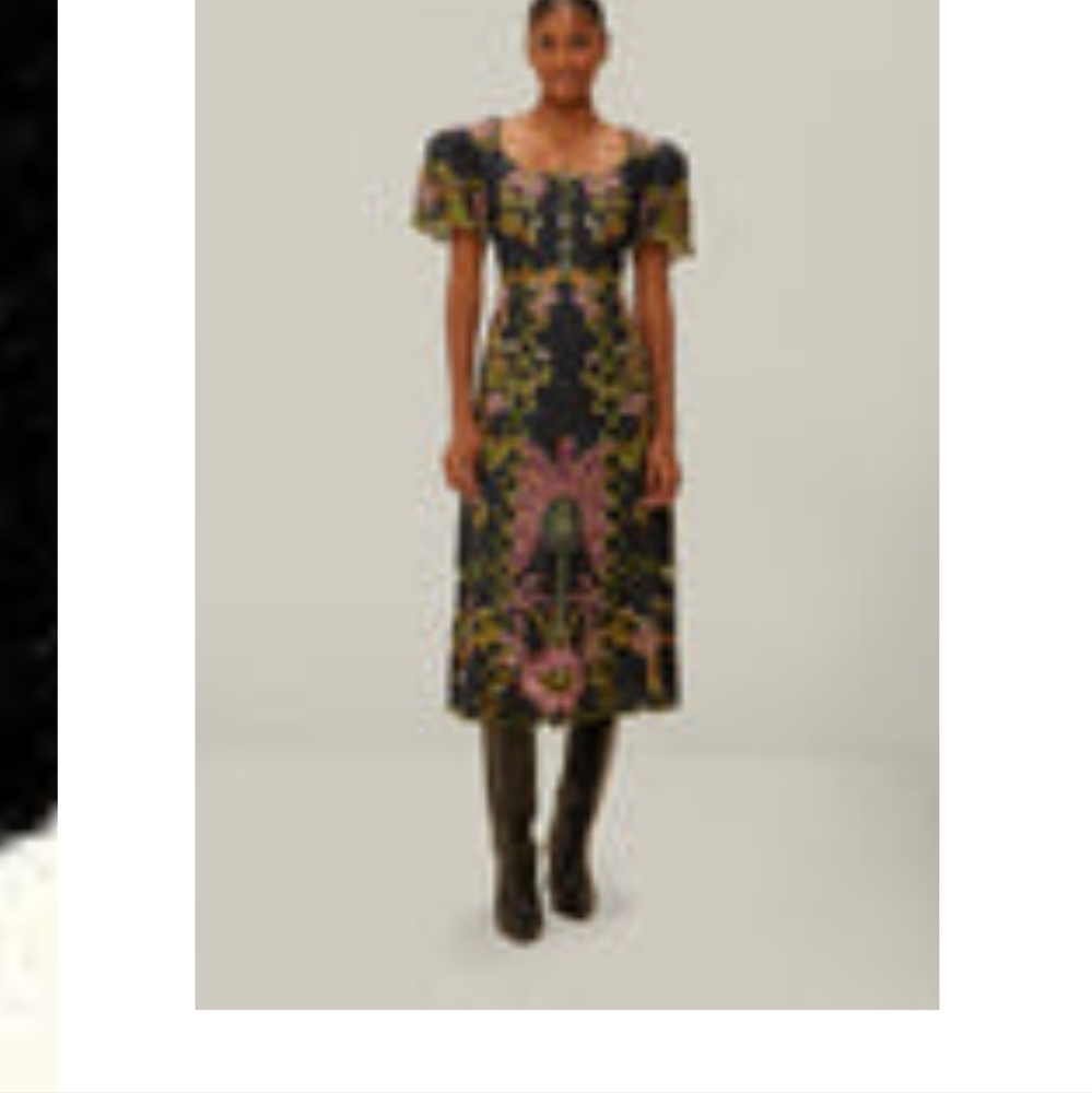 FARM Rio Red and Orange Midi Dress with Square Neck